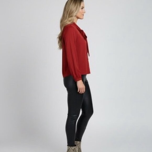 Joie 100% Silk Button Down Red Blouse with Bow Tie (Medium) - Picture 2 of 12